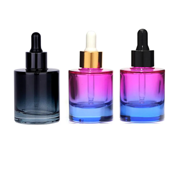 New Thick Bottom 15ml 30ml 50ml Skin Care Essence Flat Shoulder Glass Bottles Cylindrical Gradient Color Essential Oil Dropper