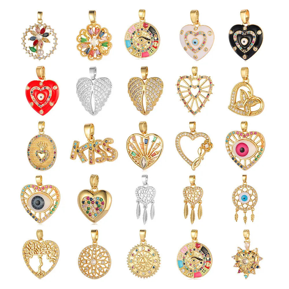 Brass Plated True Gold Color Zircon Micro Inlay Zircon Flower Heart Shaped Bohemian Melon Seed Buckle Pendant Pendant Jewelry