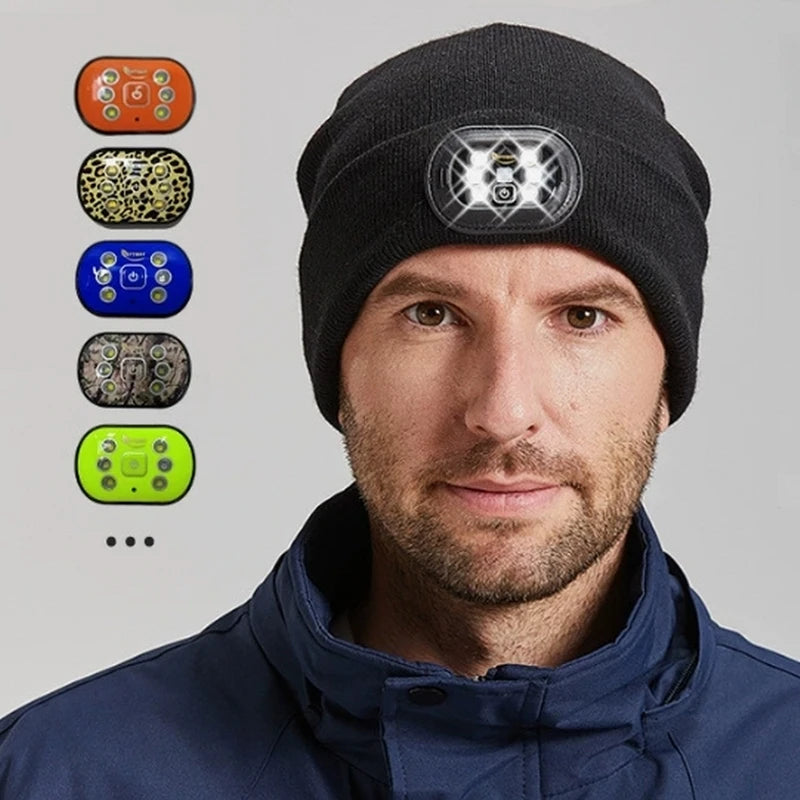 Factory Custom logo LED Headlamp Lighting Night Fishing Beanie USB Led Knitted Hat for Outdoor at Night