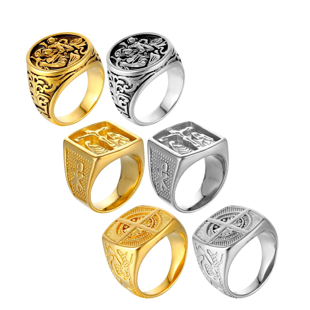 2024 Fashion Wholesale Retro Stainless Steel Fashion Religious Jewelry Compass Square Men Signet Ring Jewelry