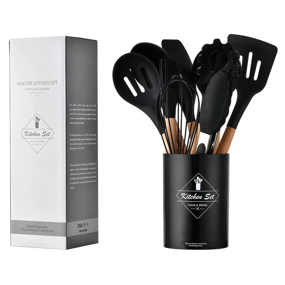 Wholesale 12 Pcs Silicone Kitchen Utensil Set Silicone Kitchen Utensil Set With Beech Handle Whisk Silicone Cooking Utensils
