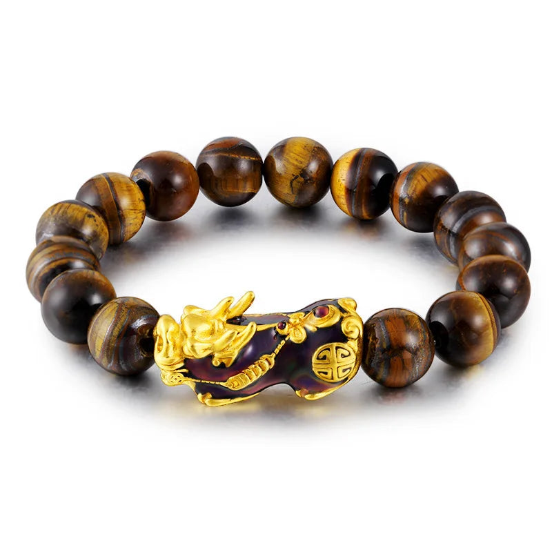 Luxury Wealth Pixiu Piyao Bracelet 12mm Tiger Eye Beads Green Jade Obsidian Gemstone Feng Shui Bracelet for Men