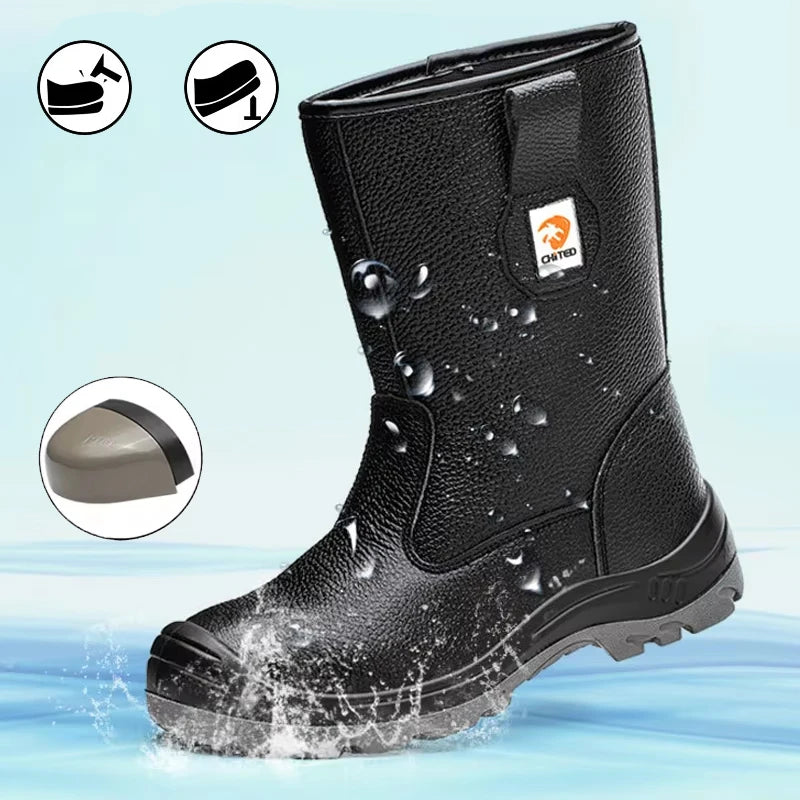 High Quality S2 High Heel Construction Safety Shoes Nubuk Genuine Leather PU Composite Breathable Security Boots Industrial Use