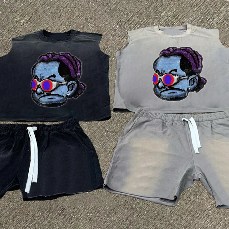 Custom Vintage T-shirt Shorts Two Piece Set Tracksuit Acid Wash Screen Printing T Shirt and Shorts Set Men