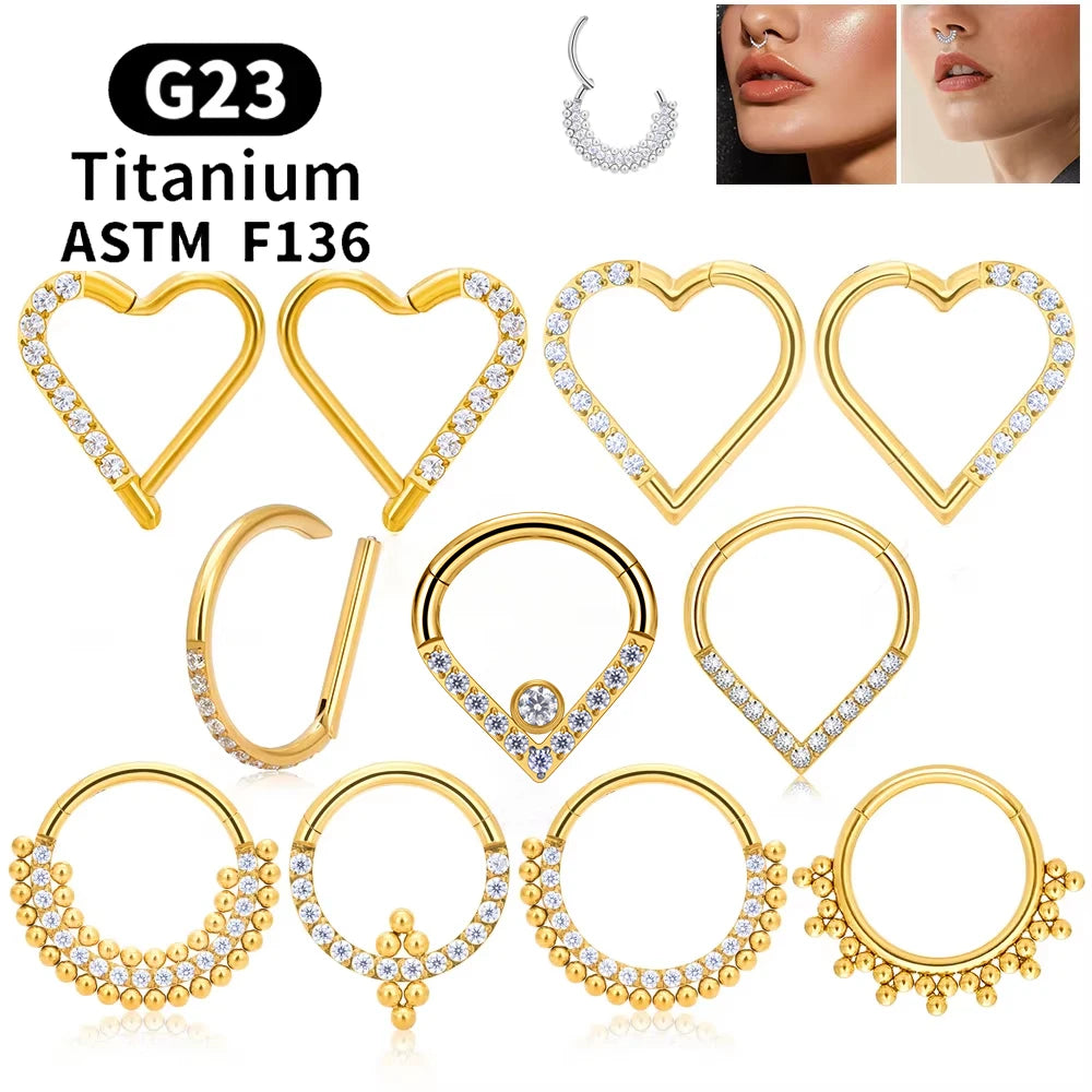 ASTM F136 G23 Titanium Heart Clicker Nose Rings Daith Earrings 16G CZ Hinged Segment Ear Tragus Cartilage Helix Piercing Jewelry