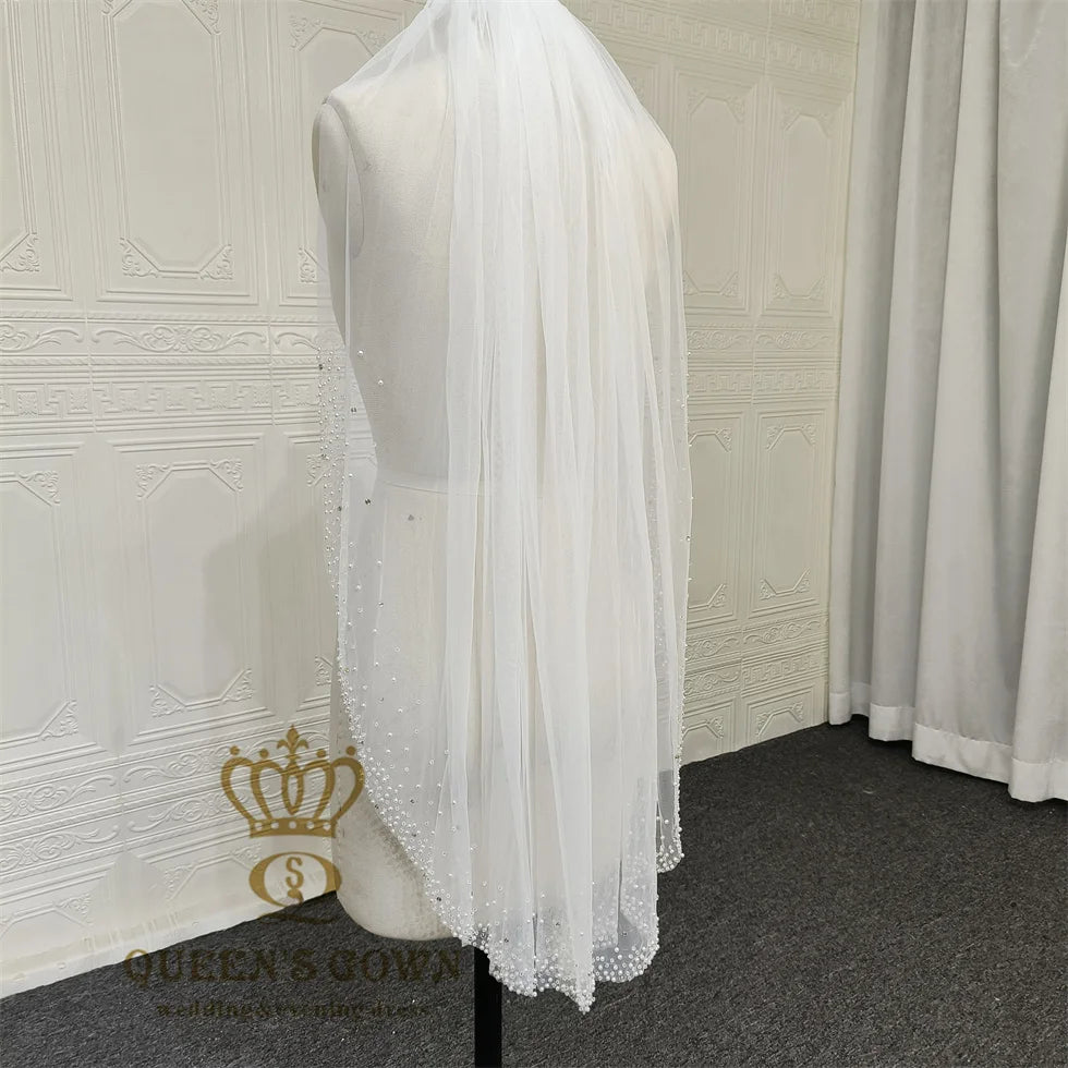 QUEENSGOWN Latest Luxury Short Crystal Beaded Bridal Veil Ivory Exquisite Hand Made Beaded Pearl Bridal Veil