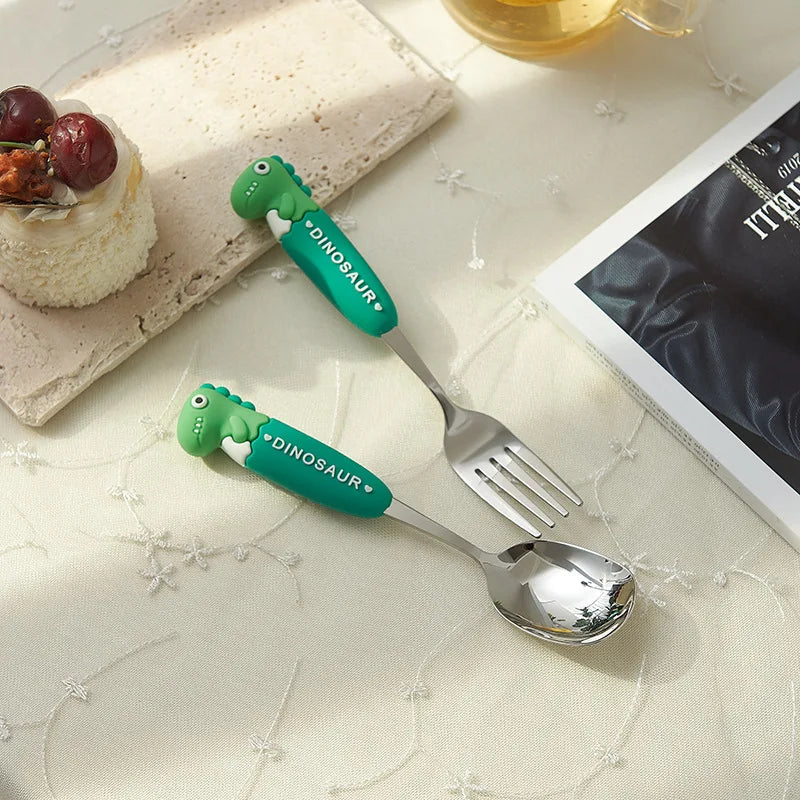 Wholesale Sustainable Stainless Steel 304 Mirror Polish Rust Resistant Durable Anti-Fall Cute Spoon Fork Set Dinosaur Kids