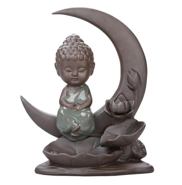 13.5X16.5X5.8CM Buddha Incense Burner Little Monk Moon Lotus Smoke Waterfall Incense Burner Ceramic Incense Holder