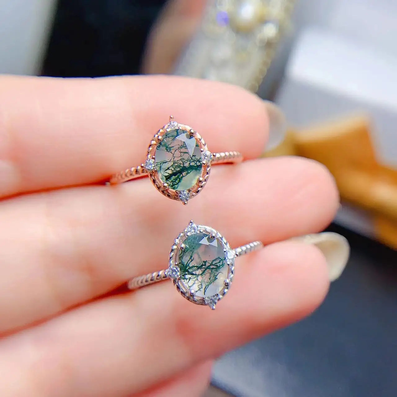 Hot Popular Classic 925 Silver Wedding Finger Ring Rose Gold Plated Natural Moss Agate Oval Cut for Parties Weddings for Girls