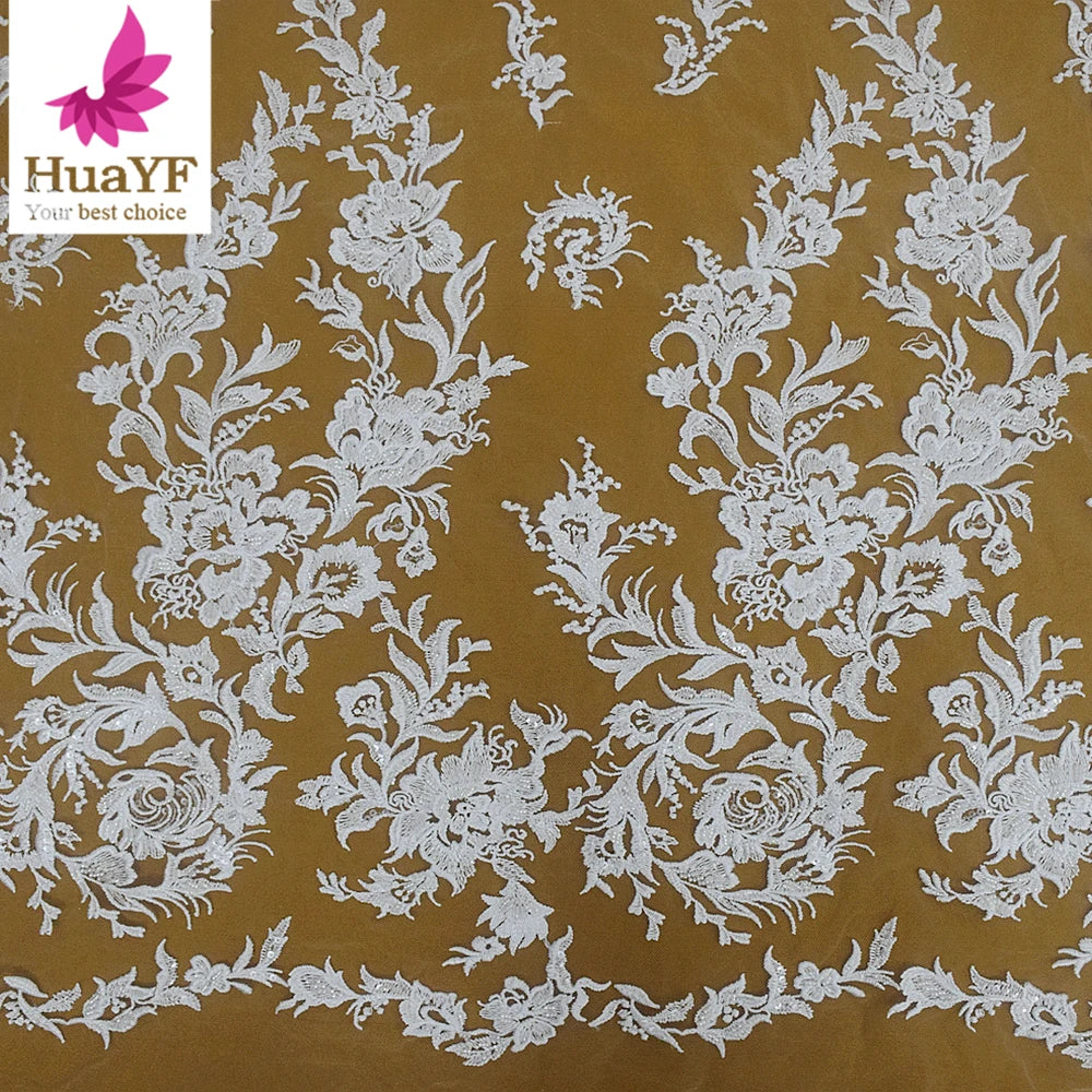 HY1695 White Floral Embroidery Lace With Beads Sequins Cheap Bridal Lace Fabric Wholesale