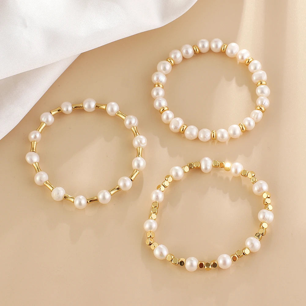 Wholesale Gold Plated Classic Beaded Bracelets for Women Freshwater Elastic Pearls Anniversary Wedding Parties Jewelry Gift Idea