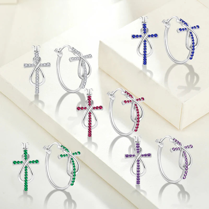 2025 Wholesale 925 Sterling Silver Rhodium Zircon Korean Hoops Earrings Cute Infinite Cross Wedding Jewelry Gift Women Trendy