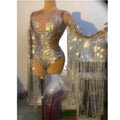 Silver Rhinestone Sequin Tassel Bodysuit Sparkling Women Bodycon Stage Fringe Leotard DS Singer Wear