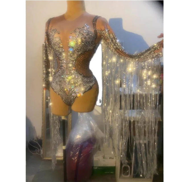 Silver Rhinestone Sequin Tassel Bodysuit Sparkling Women Bodycon Stage Fringe Leotard DS Singer Wear