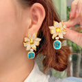 18k Gold Plated Cubic Zirconia Long Big Blooming Flower Dangle Drop Earrings for Women Bridal Wedding Dress Jewelry