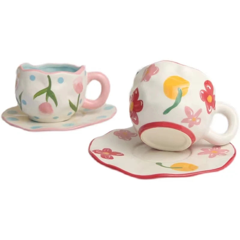 Irregular Hand-painted Customised Porcelain 300ml Coffee Cup and Saucer Set for Afternoon Tea Luxury