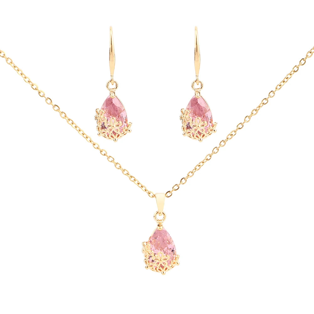 Gold /Platinum Plated Jewelry Set for Women Zircon Drop Shape Pendant Necklace and Earring Sets Fashion Jewelry Set Charm Girls