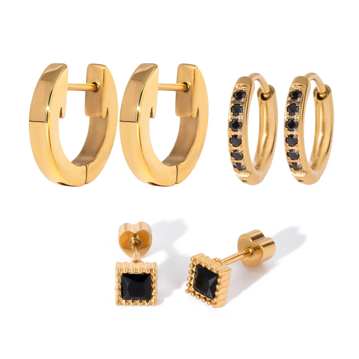 J&D 18k Gold Stainless Steel Black Crystal Earrings Sets Chic Design for Modern Minimalist Appeal