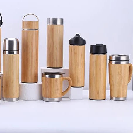 Wholesale Eco-Friendly Vintage Design Bamboo 304 Stainless Steel Travel Coffee Mug 350ml Lid Drinkware for Business Gifts