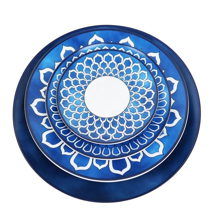Rustic Retro Style Wedding Party Table Decorative Round Ceramic Charger Blue and White Porcelain Dinner Set Plates