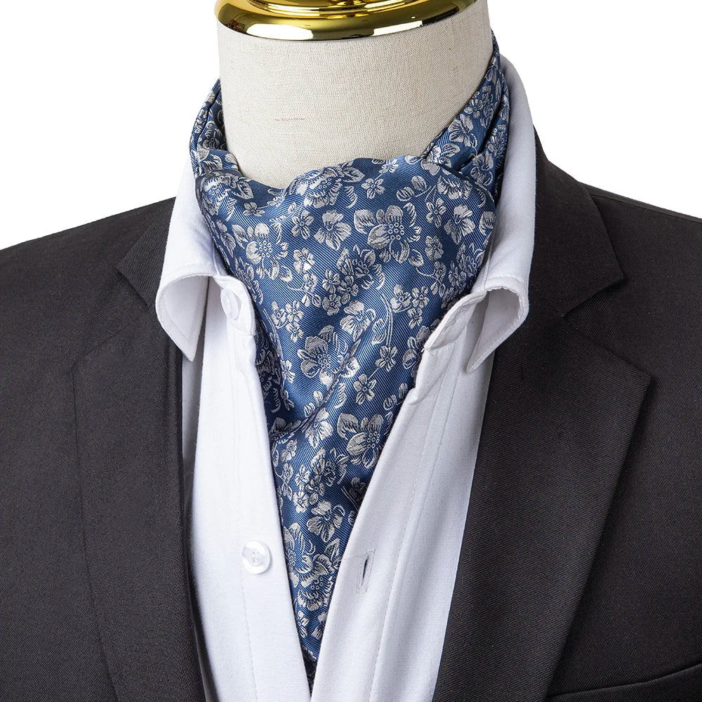 100% Microfiber Polyester Ascot Tie for Men Blue and White Flower Fashion Patterns Adult Cravats
