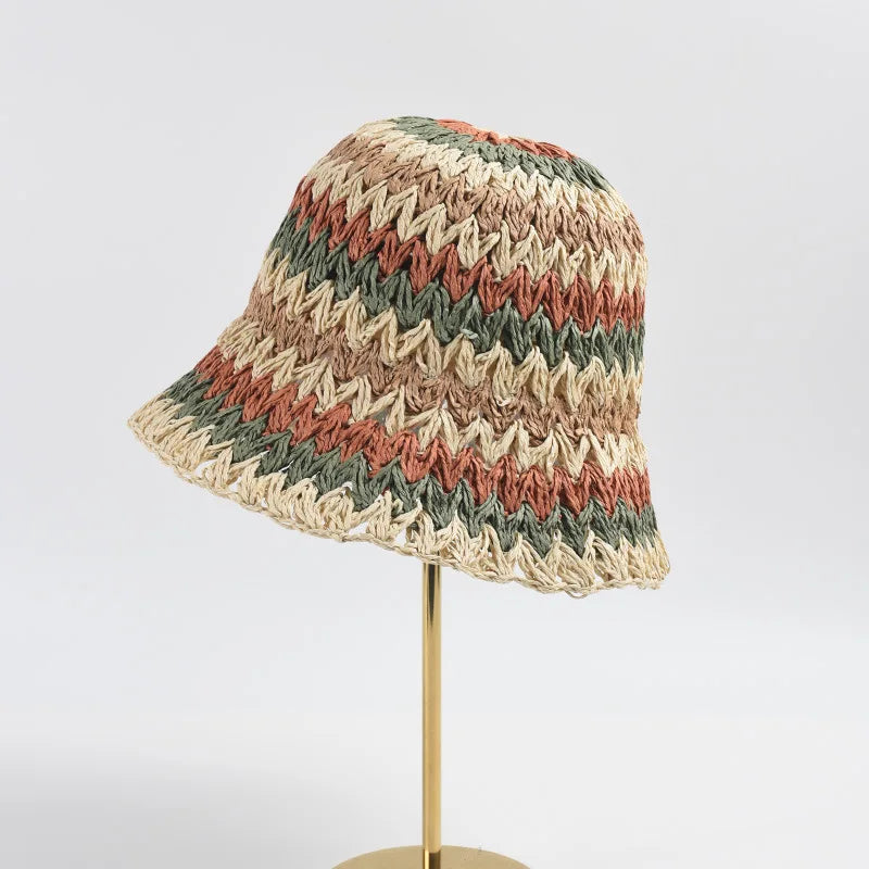 2023 New Arrival Fashion  Women Girl Summer Sun Hat Visor Beach Outdoor Rainbow Stripped Hand Crochet Paper Straw Bucket Hat