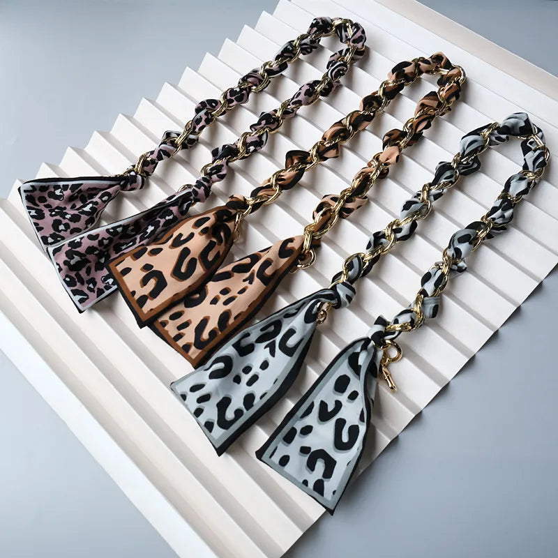 Meetee B-C214 Fashion Lady Style All-match Leopard Print Silk Scarf Handbag Strap Bag Short Chain