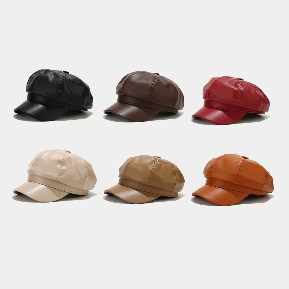 Designer Women's Beret Hat for Autumn Winter British Retro Style PU Leather Newsboy Cap Solid Color Casual for Party Outdoor