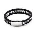USA Punk Style 316L Stainless Steel Silver Chain Width Leather Woven Bracelet Magnetic Buckle Mens Leather Bracelet