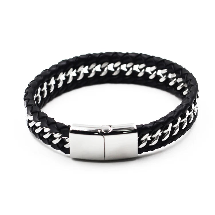 USA Punk Style 316L Stainless Steel Silver Chain Width Leather Woven Bracelet Magnetic Buckle Mens Leather Bracelet
