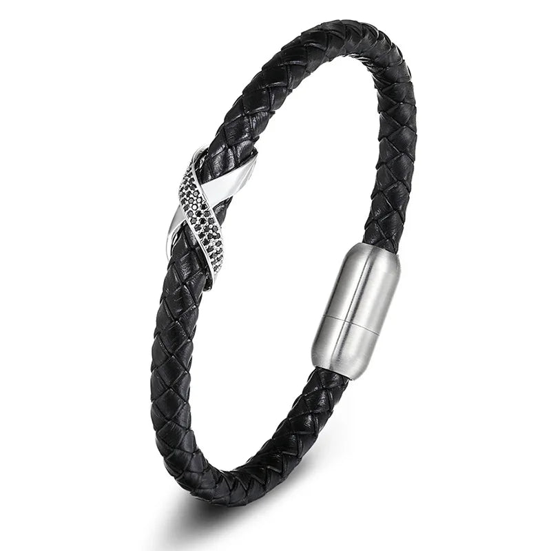 Custom Logo Name Engraved Stainless Steel Magnetic Clasp Bracelet Bangle Braided Men's Genuine Leather Bracelets OT-278