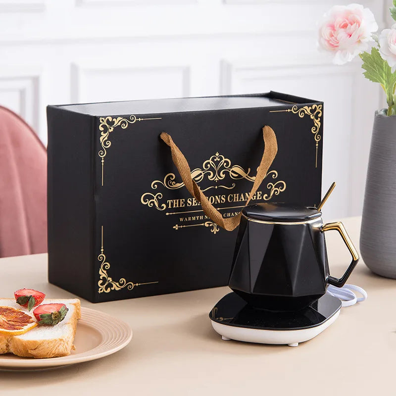 Electric Thermostatic Heating Pad Custom Porcelain Coffee Tea Cups Ceramics USB Charging Smart Heated Mug With Heater Spoon