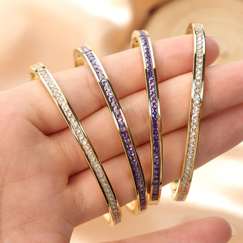 New Ins Style Inlay Zircon Cuff Bangle Waterproof Stainless Steel 18k Gold Plated No Fading Bracelet