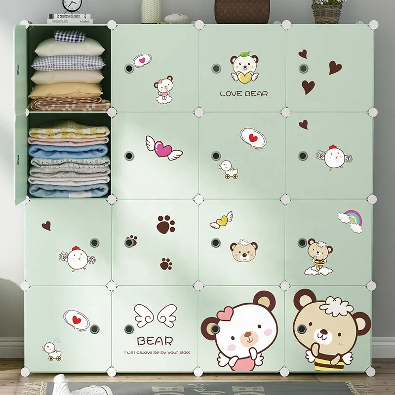 Modern Kid Plastic Modular Wardrobe with Extendable Foldable Design 16 Cubes Storage Green Home Bedroom Furniture