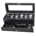 Clear View Lid Luxury Black Carbon Fiber PU Leather 6 Watch Glasses Rings Jewelry Set Display Storage Box With Drawer