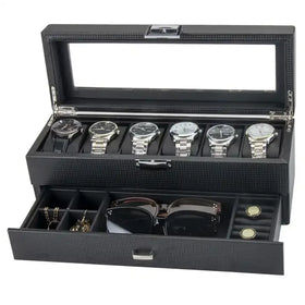 Clear View Lid Luxury Black Carbon Fiber PU Leather 6 Watch Glasses Rings Jewelry Set Display Storage Box With Drawer