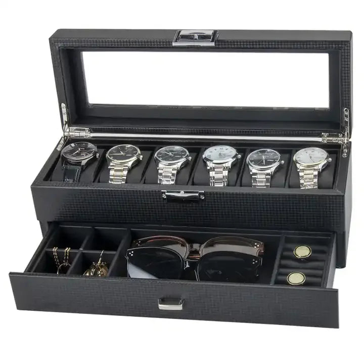 Clear View Lid Luxury Black Carbon Fiber PU Leather 6 Watch Glasses Rings Jewelry Set Display Storage Box With Drawer