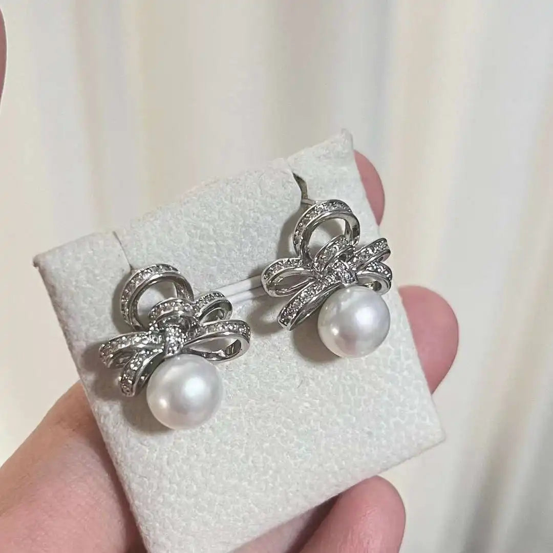 Anti Allergy Stud Earrings Ribbon Design Freshwater Pearl AAAA Grade White S925 Silver Plated Cute Style for Women 8.5-9MM
