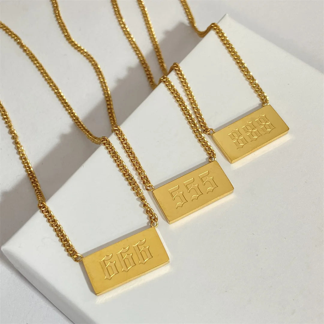 Stainless Steel 18k Gold Plated Pendant 111-999 Engraved Old English Font Angel Number Necklace Cuban Chain Necklace