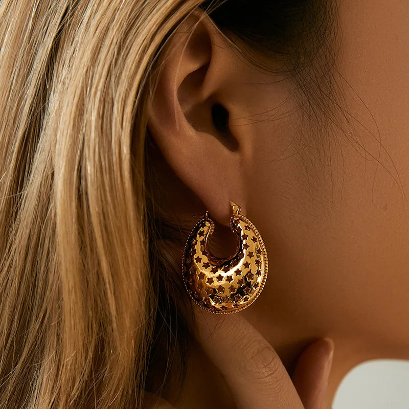 Zooying Boho Earrings New Fashion Trendy Women Designer Vintage Luxury Copper 18K Gold Plated Star Cutout Big Hoop Earring