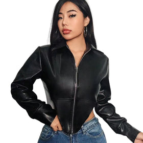 2023 Winter New Womens Fashion Long-Sleeved Lapel Zipper Cardigan Irregular Imitation Leather Womens Jacket
