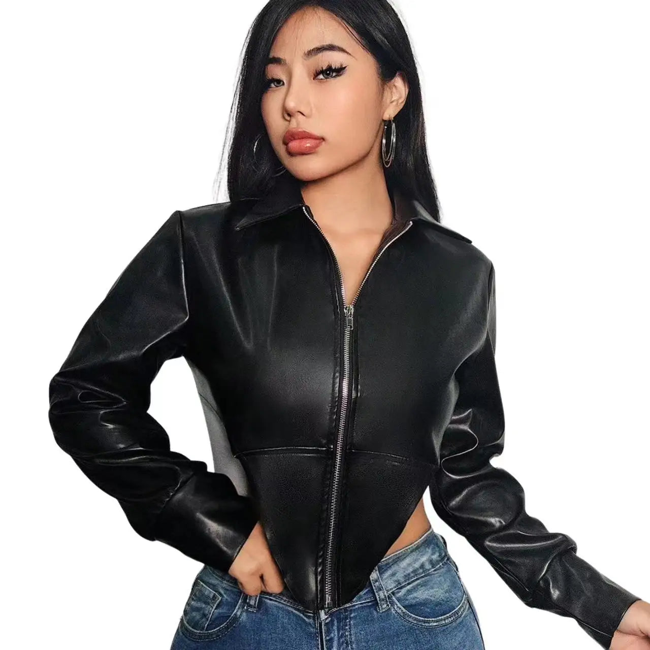 2023 Winter New Womens Fashion Long-Sleeved Lapel Zipper Cardigan Irregular Imitation Leather Womens Jacket