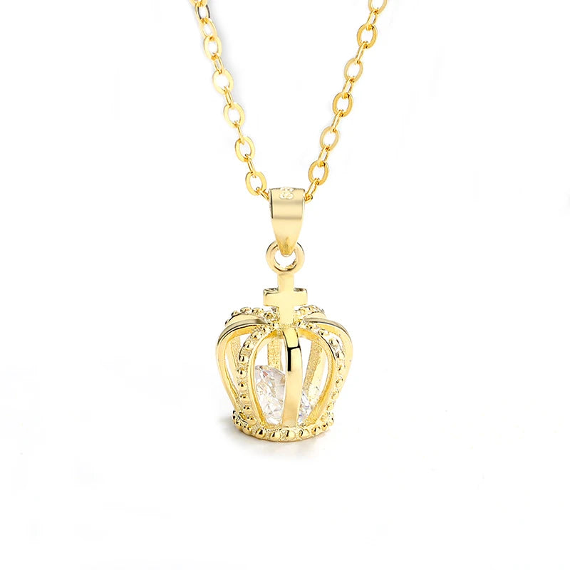 Rainbowking Dainty S925 Sterling Silver 18k Gold Plated Crystal Rhinestone Queen Crown Pendant Tiara Necklace for Female