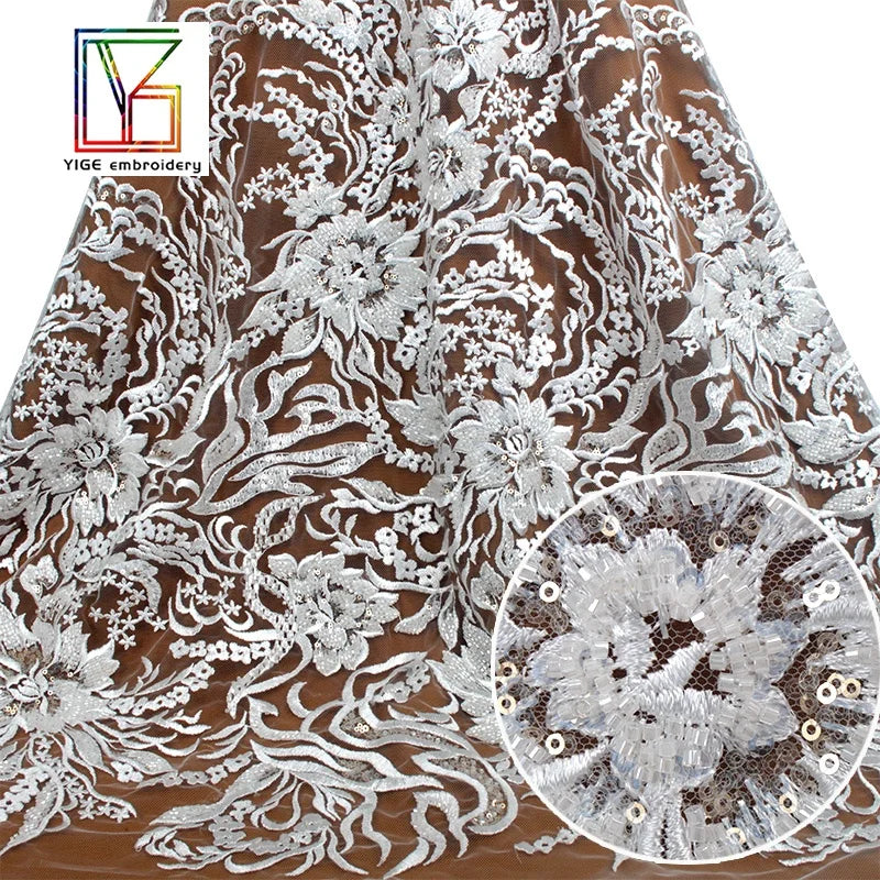 Factory Outlet 100%polyester Luxury White Beaded Crystal Sequins Floral Pattern Embroidery Wedding Dress Lace Fabric