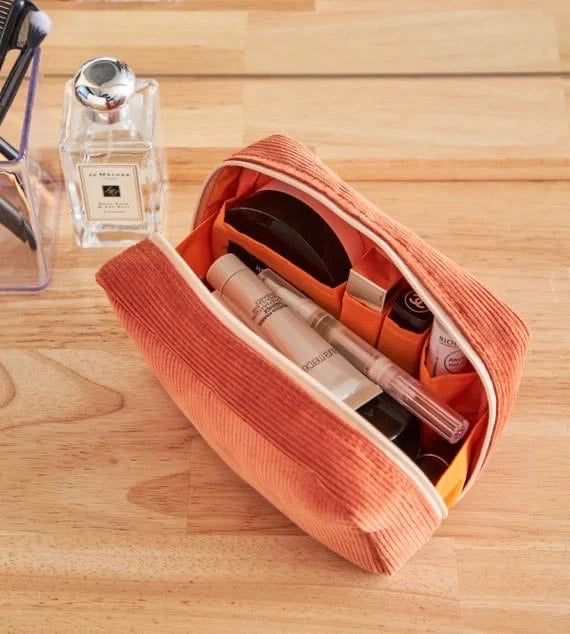 Personalized Small Travel Makeup Pouch Custom Suede Corduroy Velvet Thread Cosmetic Bag Zipper Fashionable Logo Printed Style