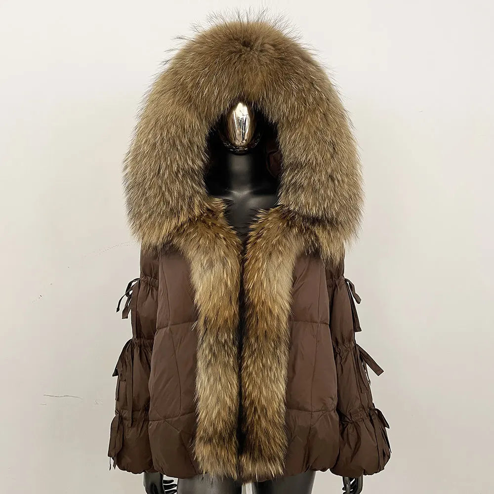 OFTBUY 2025 Winter Jacket for Women Natural Real Raccoon Fox Fur Collar White Duck Coat Windproof Belt Thick Warm Casual