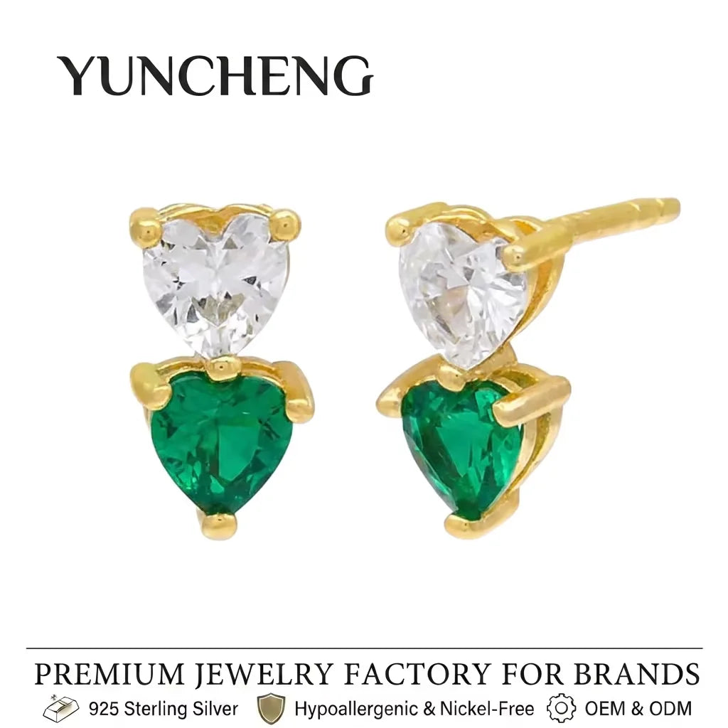 YUNCHENG Romantic 18K Gold Plated Green and Clear Cubic Zirconia Double Heart 925 Sterling Silver Stud Earring for Women