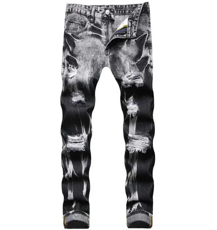 Custom Logo Men's Slim Jean Pants for Men Street Style Hole Patched Ripped Fashion Man Black Denim Jeans