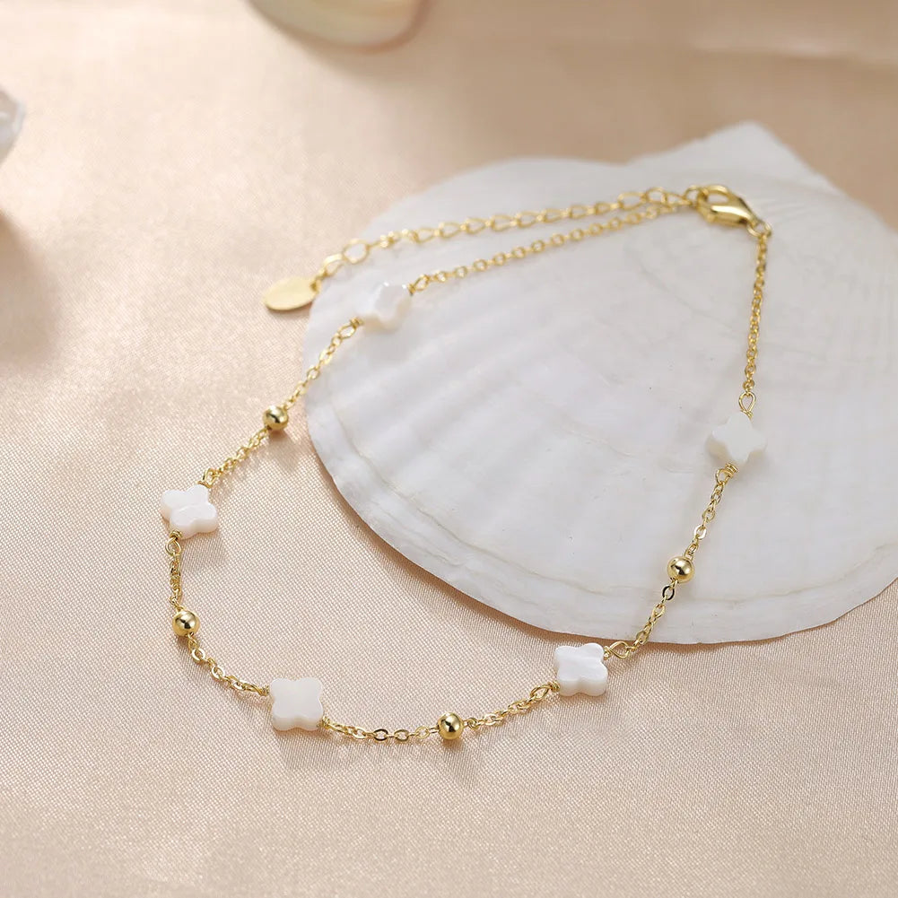 RINNTIN GMA01 Fashion Jewelry Anklet 14K Gold Plated Foot Chain 925 Sterling Silver Four-leaf Clover Pearl Anklet for Women