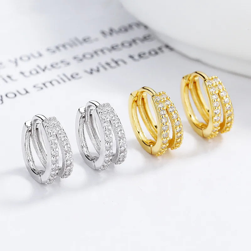 Fine Jewelry Earrings 925 Silver Earrings Sterling Silver Two Double Layers Lines Zircon Gold Plated Hoop Earrings for Women